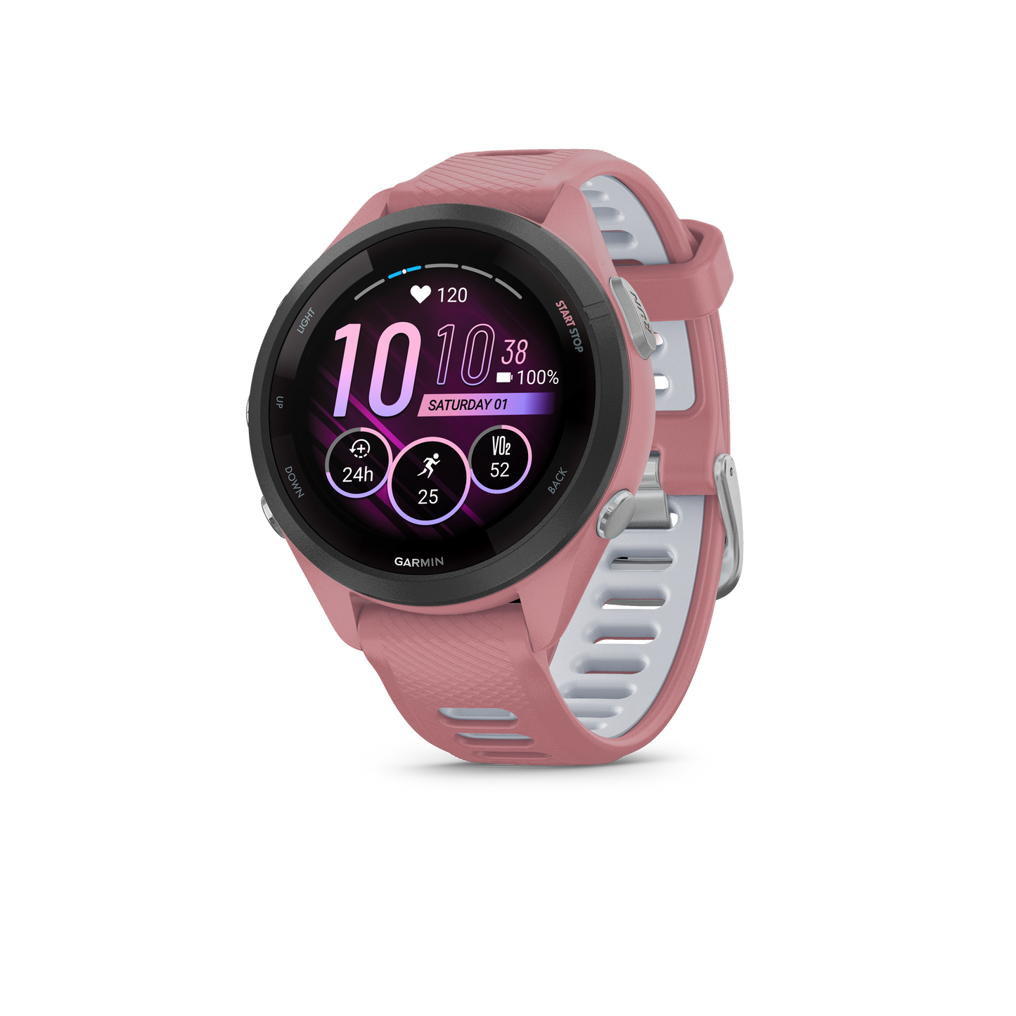 Forerunner® 265S, Black Bezel With Light Pink Case and Light Pink/Powder Gray Silicone Band