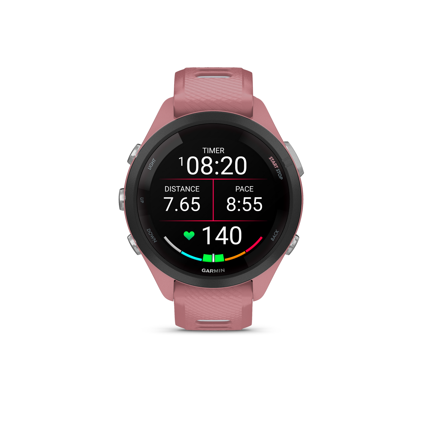 Forerunner® 265S, Black Bezel With Light Pink Case and Light Pink/Powder Gray Silicone Band