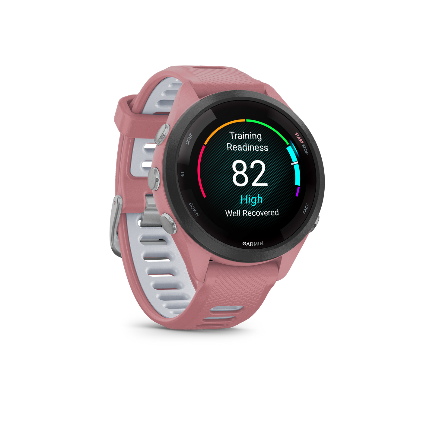 Forerunner® 265S, Black Bezel With Light Pink Case and Light Pink/Powder Gray Silicone Band